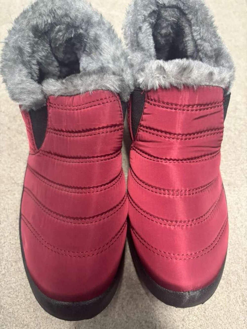 Women's Quilted Nylon Snow Boots Burgundy Red Faux Fur Lined Slip On Size 40